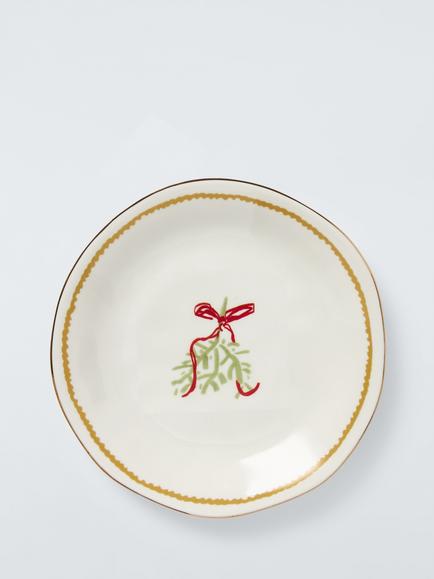John Lewis Flora Christmas Mistletoe Fine China Mince Pie Plate, 15cm, White/Multi, Multi