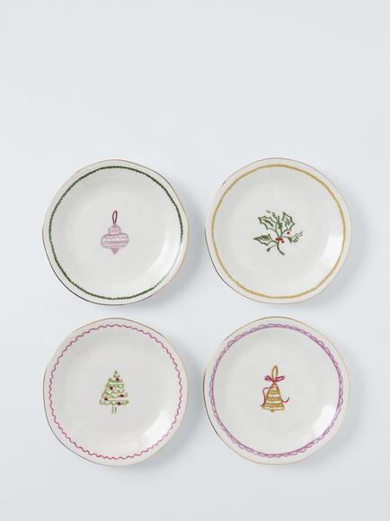 John Lewis Flora Christmas Fine China Tapas Plates, Set of 4, 15cm, White/Multi, Multi