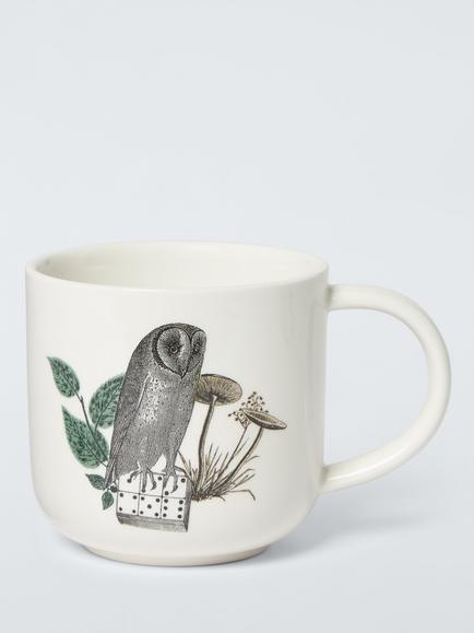 John Lewis Owl Fine China Mug, 350ml, White/Green, Blue