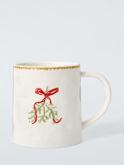 John Lewis Flora Christmas Mistletoe Fine China Mug, 340ml, White/Multi, Multi