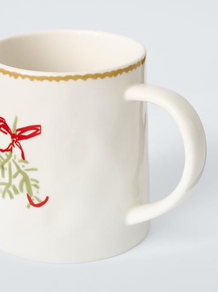 John Lewis Flora Christmas Mistletoe Fine China Mug, 340ml, White/Multi - view 2, Multi