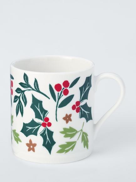 John Lewis Foliage Fine China Footed Mug, 270ml, Green/Multi, Multi Multi