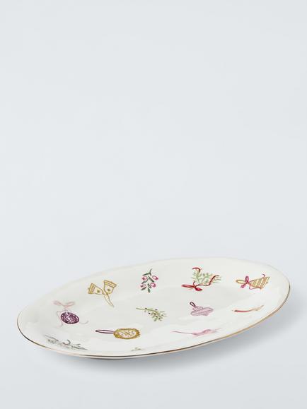 John Lewis Flora Christmas Oval Stoneware Platter, 31cm, White/Multi, Multi