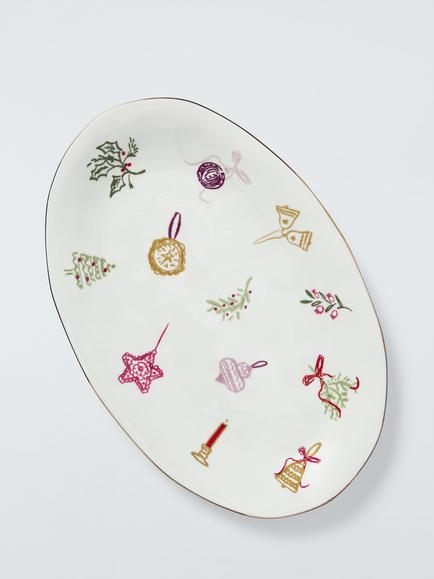 John Lewis Flora Christmas Oval Stoneware Platter, 31cm, White/Multi - view 2, Multi