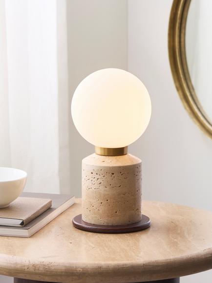John Lewis Hudson Ribbed Travertine Table Lamp, Warm Stone - view 2, Warm Stone
