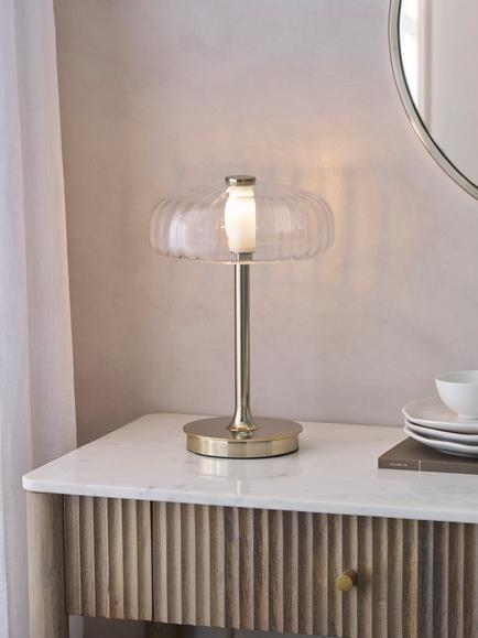 John Lewis Parafina Glass Shade Table Lamp, Polished Brass Effect - view 2, Polished Brass Effect