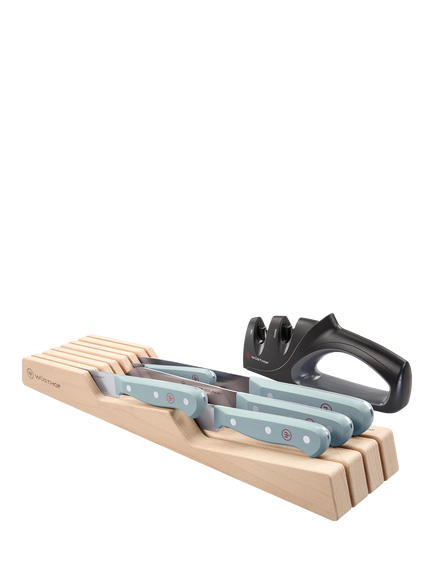WÜSTHOF Gourmet 3 Kitchen Knives & In-Drawer Tray Set with Sharpener, Quiet Blue, Quiet Blue