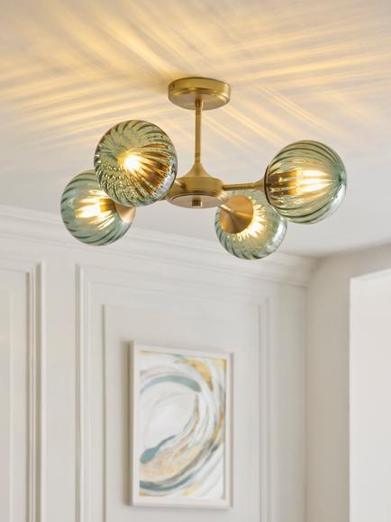 John Lewis Austen 4 Arm Semi-Flush Glass Ceiling Light, Green - view 2, Green