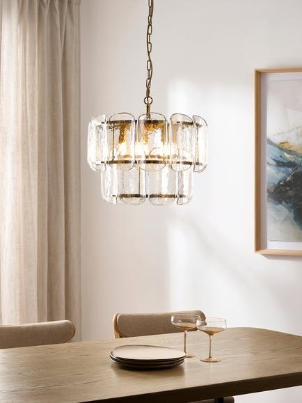 John Lewis Cavendish Textured Glass 2 Tier Pendant Ceiling Light, Antique Brass - view 2, Textured Glass