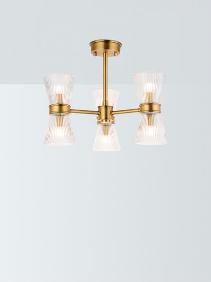 John Lewis Cuthbert Ribbed Glass 3 Arm Semi-Flush Ceiling Light, Antique Brass, Ribbed Glass