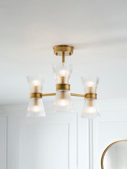 John Lewis Cuthbert Ribbed Glass 3 Arm Semi-Flush Ceiling Light, Antique Brass - view 2, Ribbed Glass
