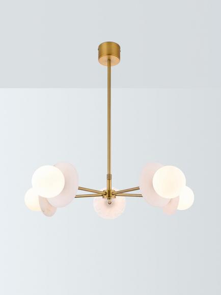 John Lewis Novarro 5 Arm Opal Globe Pendant Ceiling Light, Antique Brass, Antique Brass