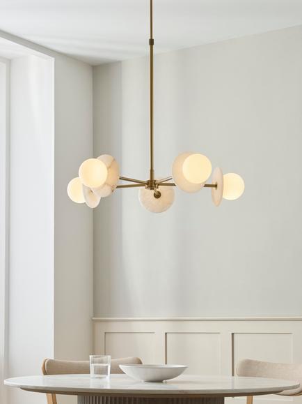John Lewis Novarro 5 Arm Opal Globe Pendant Ceiling Light, Antique Brass - view 2, Antique Brass
