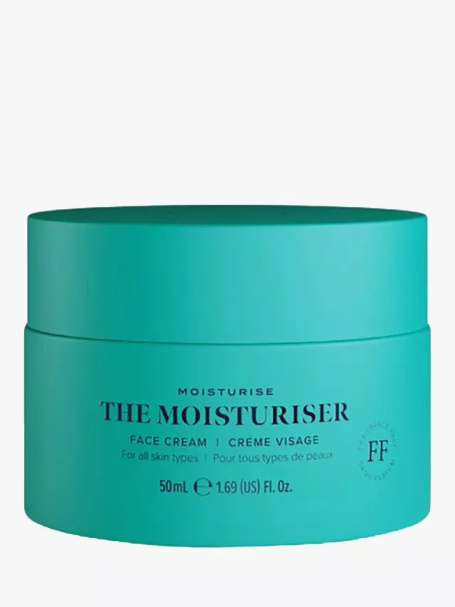 Turquoise jar of face cream labelled "The Moisturiser" for all skin types, 50ml, fragrance-free.
