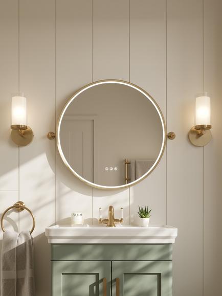 John Lewis Haworth Touch Control Illuminated Circular Bathroom Mirror - view 2, Brass