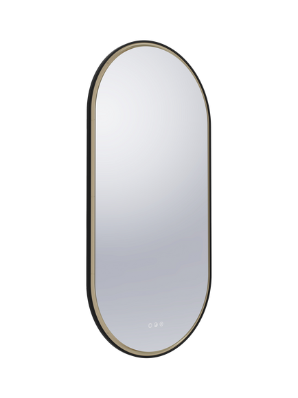 John Lewis Calluna Touch Control Illuminated Pill Shape Bathroom Mirror, Black/Brass - view 2, Black/Brass