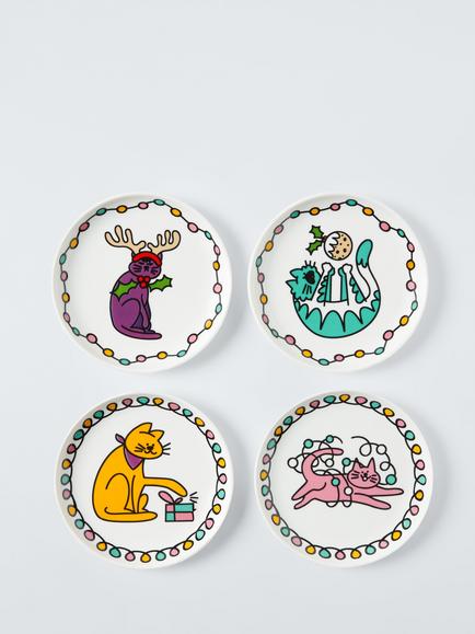 John Lewis Scotty Gillespie Christmas Cat Fine China Tapas Plates, Set of 4, 14.9cm, Multi