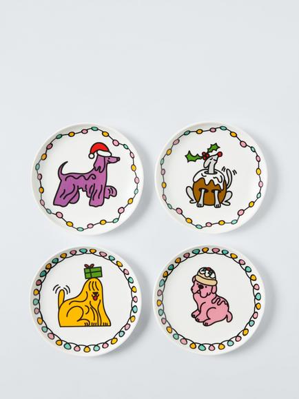 John Lewis Scotty Gillespie Christmas Dog Fine China Tapas Plates, Set of 4, 14.9cm, Multi