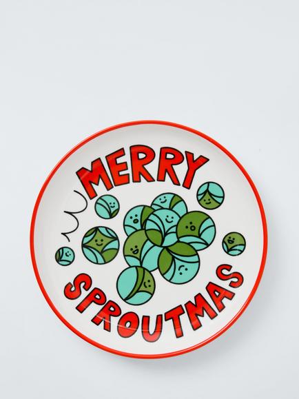 John Lewis Scotty Gillespie 'Merry Sproutmas' Fine China Side Plate, 20cm, Red/Green, Multi