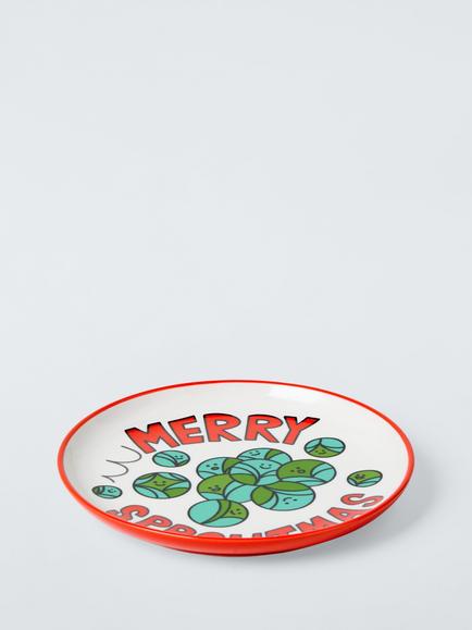 John Lewis Scotty Gillespie 'Merry Sproutmas' Fine China Side Plate, 20cm, Red/Green - view 2, Multi