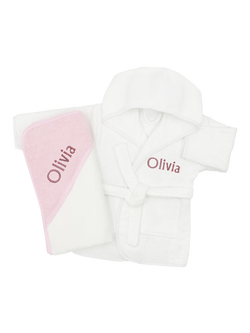 Babyblooms Personalised Bathrobe & Towel Set, White/Pink, White/Pink