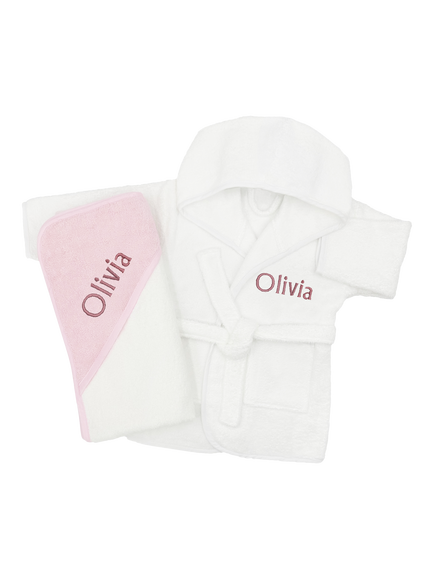 Babyblooms Personalised Bathrobe & Towel Set, White/Pink, White/Pink
