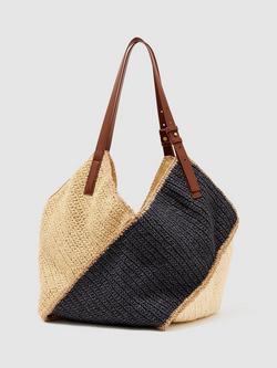 Reiss Farrah Raffia Effect Colour Block Tote Bag, Navy, Navy
