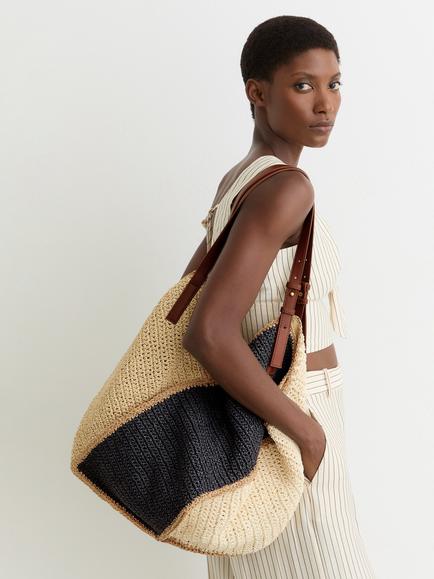 Reiss Farrah Raffia Effect Colour Block Tote Bag, Navy - view 2, Navy