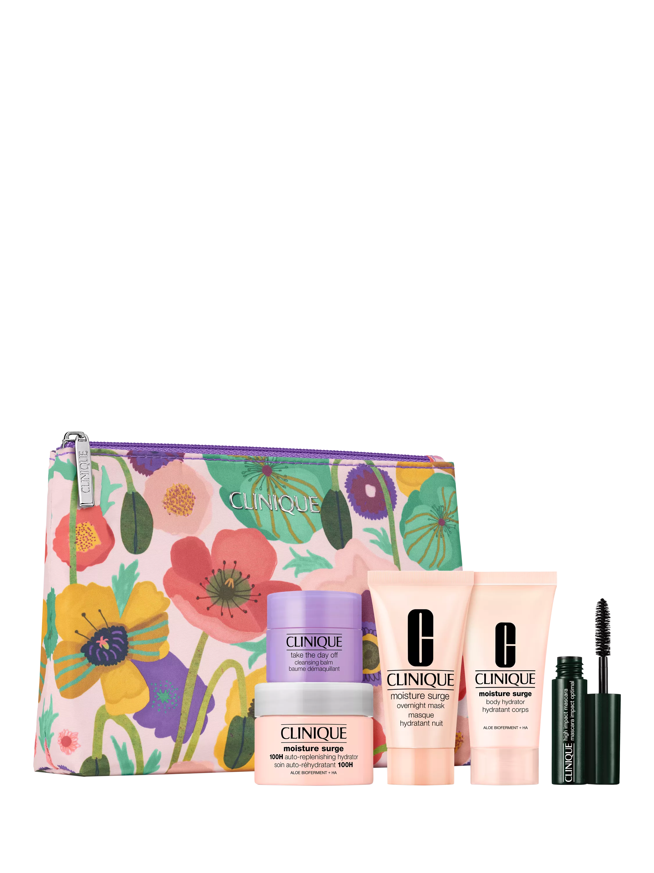 Clinique skincare set with moisturisers and mascara, displayed against a floral cosmetic bag backdrop.