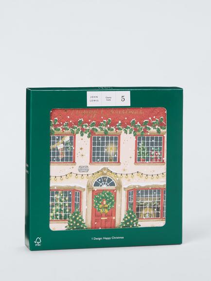 John Lewis 3D Christmas House Foiled Charity Christmas Cards, Pack of 5 - view 2, Red Holly