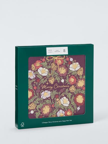 John Lewis Floral Wreath & Pomegranate Luxury Charity Christmas Cards, Pack of 8 - view 2, Plum Wreath