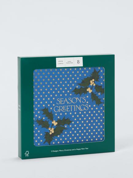 John Lewis Holly & Wreath Luxury Charity Christmas Cards, Pack of 8 - view 2, Blue Wreath