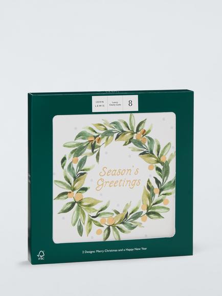 John Lewis Wreath & Foliage Luxury Charity Christmas Cards, Pack of 8 - view 2, Cream Wreath