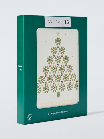 John Lewis Floral Christmas Tree Charity Christmas Cards, Pack of 16 - view 2, Green Tree