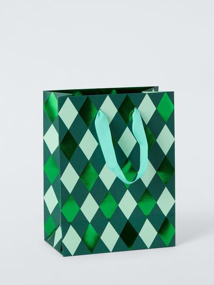 John Lewis Harlequin Gift Bag, Green, Small, Green