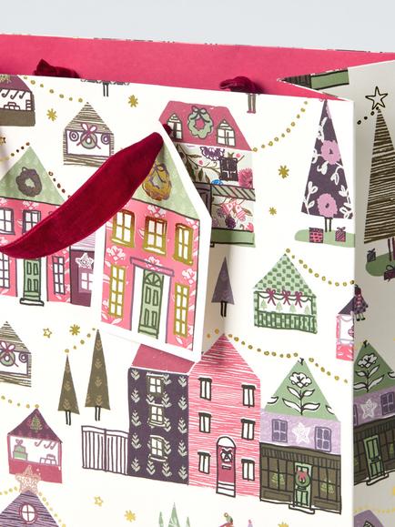 John Lewis Winter Village Gift Bag, Multi, Medium - view 2, Cream