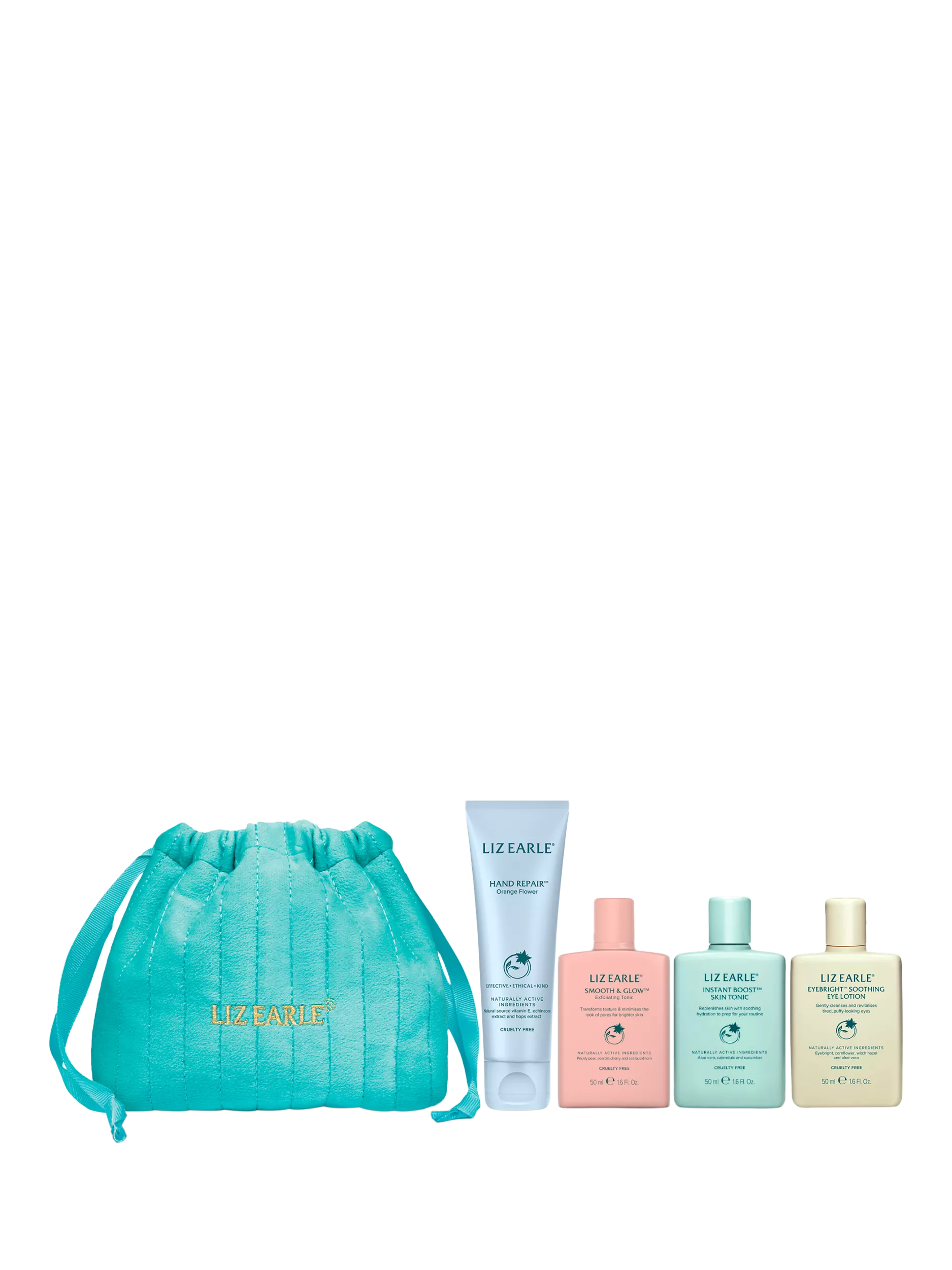 Liz Earle skincare gift set with turquoise drawstring bag, hand repair and mini tonics and lotions on black background