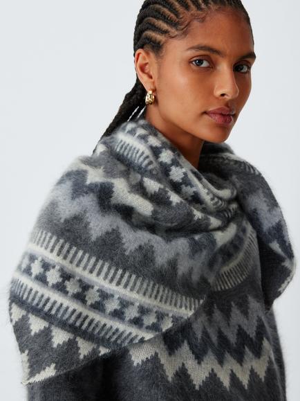 John Lewis Brushed Cashmere Fairisle Triangle Scarf, Grey Multi, Grey Multi
