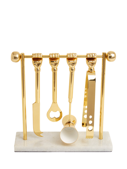 Jonathan Adler Barbell Barware Set with Marble Base, Brass, Gold