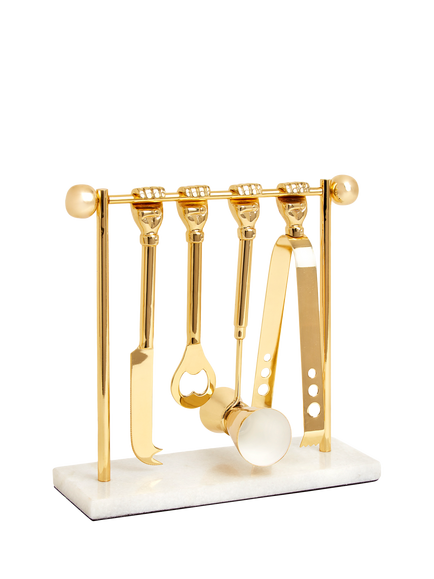 Jonathan Adler Barbell Barware Set with Marble Base, Brass - view 2, Gold