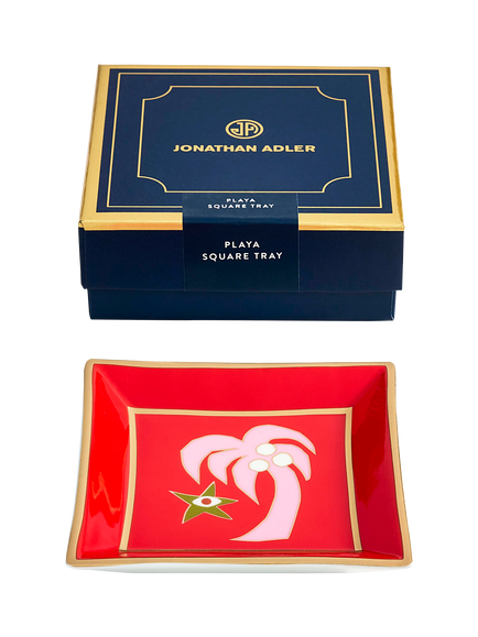 Jonathan Adler Playa Palm Tree Square Porcelain Tray, Red - view 2, Red