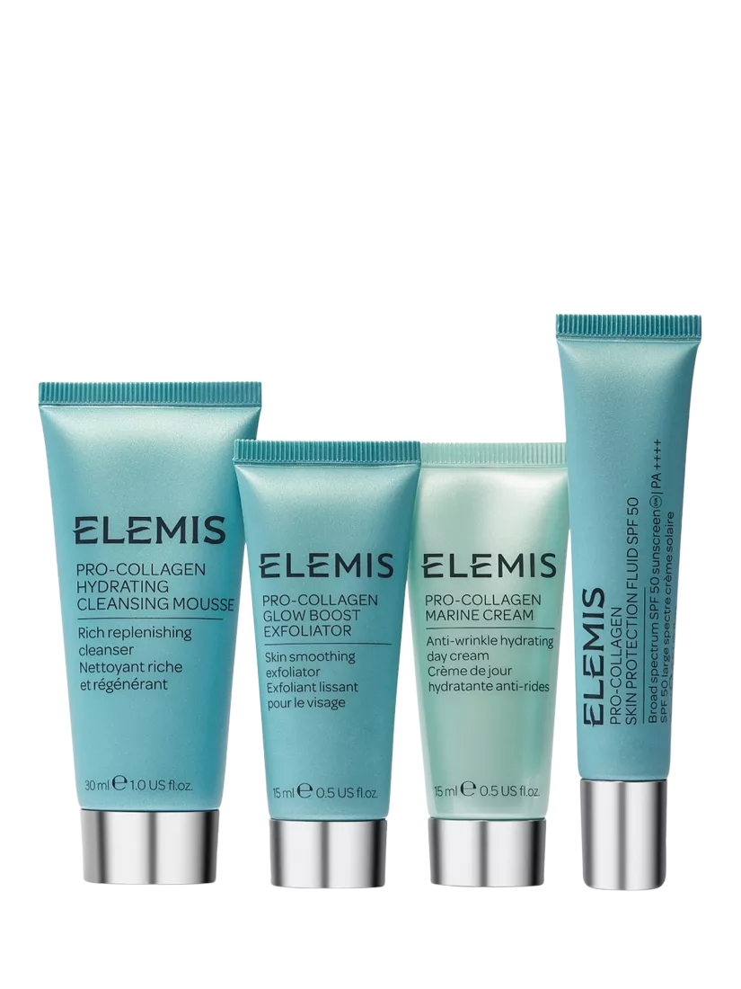 Clinique skincare set with moisturisers and mascara, displayed against a floral cosmetic bag backdrop.