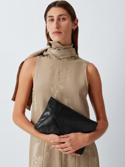 John Lewis Leather Envelope Clutch Bag, Black - view 2, Black