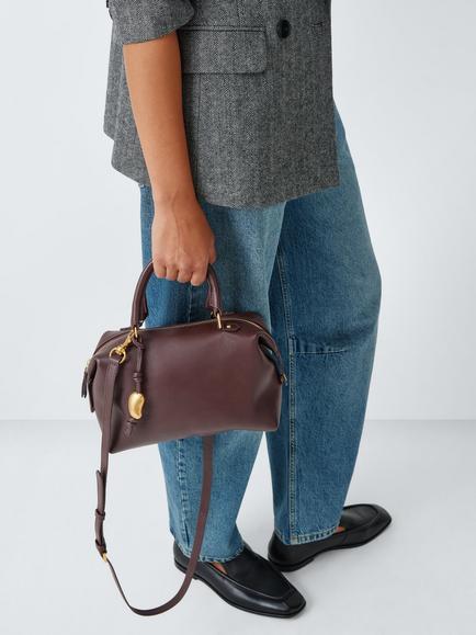 John Lewis Leather Bowler Bag, Burgundy - view 2, Burgundy