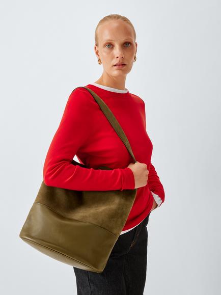 John Lewis Suede Eyelet Hobo Bucket Bag, Green - view 2, Green