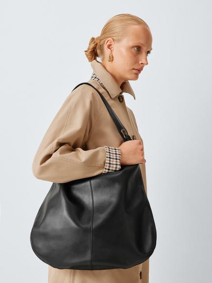 John Lewis Leather Eyelet Hobo Bag, Black - view 2, Black