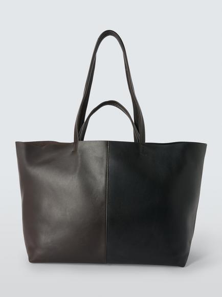John Lewis Leather Contrast Tote Bag, Chocolate/Black, Choc/Blk