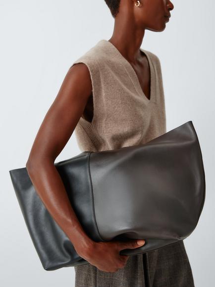 John Lewis Leather Contrast Tote Bag, Chocolate/Black - view 2, Choc/Blk