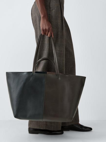 John Lewis Leather Contrast Tote Bag, Chocolate/Black - view 2, Choc/Blk