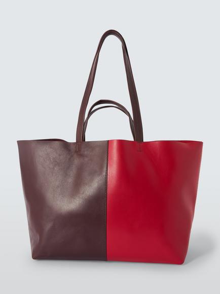 John Lewis Leather Contrast Tote Bag, Red/Burgundy, Red/Burg